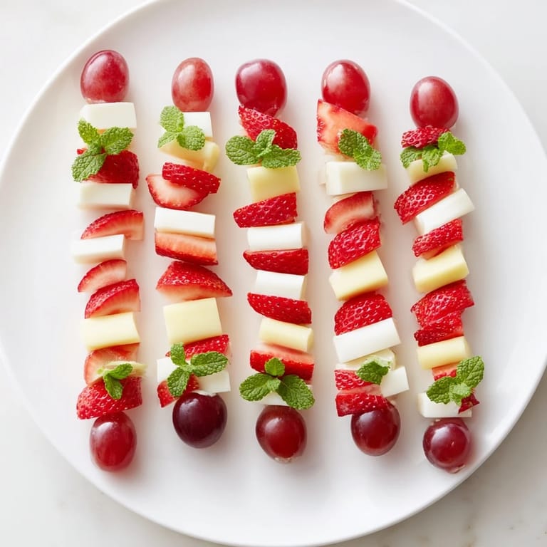 This Candy Cane Stripe Fruit and Cheese platter displays a festive red and white holiday appetizer, ready to serve.