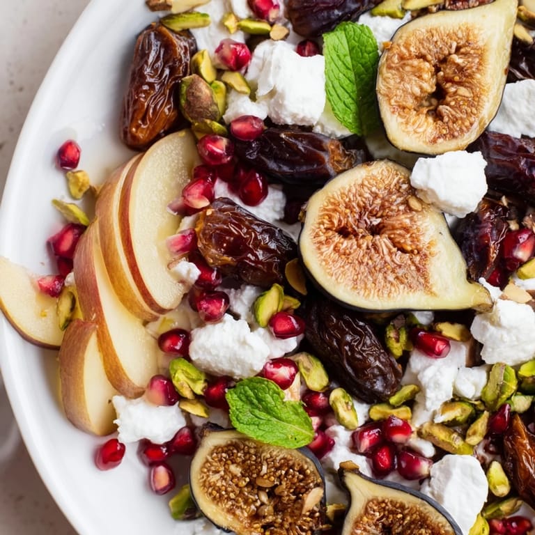 Festive winter fruit: a fig and date snowdrift platter, garnished with pomegranate seeds and pistachios.