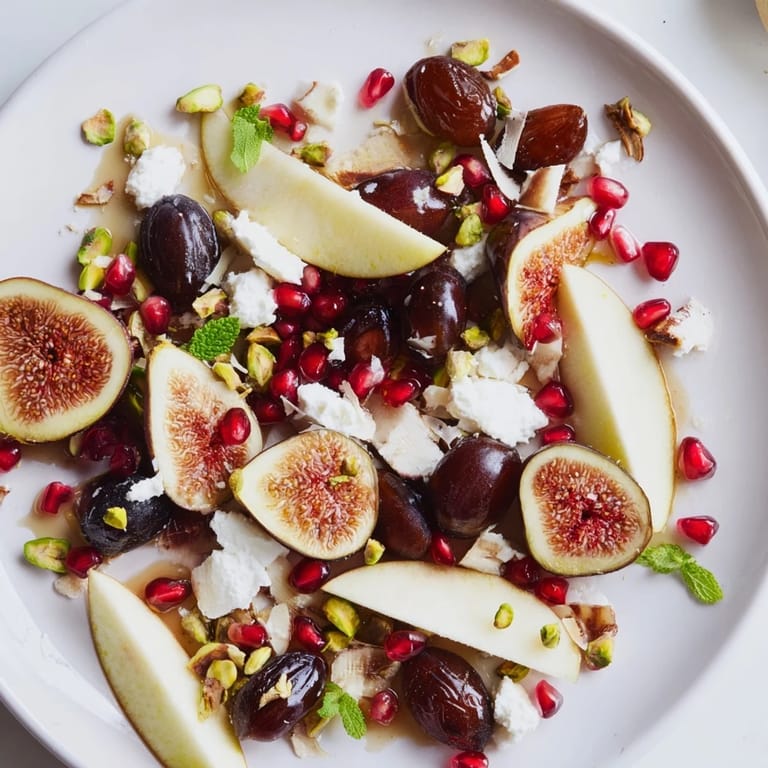 Delicious winter fruit platter featuring sweet figs, dates, pear slices, and grapes, arranged beautifully.
