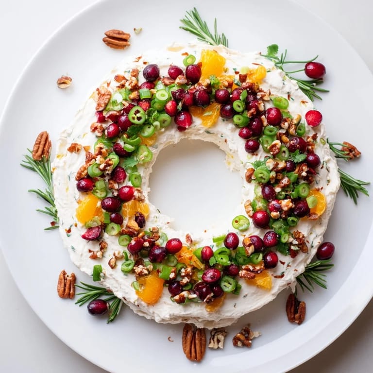 Creamy feta and cranberry wreath dip garnished with fresh herbs, perfect for serving with crackers.