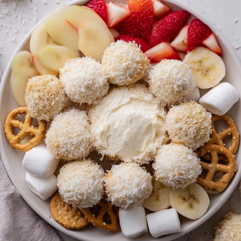A festive Marshmallow Snowball Dip Platter features snowy coconut-covered balls surrounded by vibrant dippers.