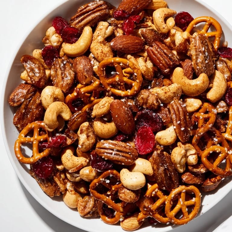 Close-up of a delicious Sweet and Salty Holiday Nut Bowl; perfectly roasted nuts offer a satisfying crunch.