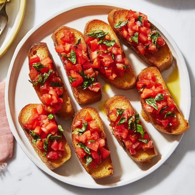 Savory Bruschetta toasts lined up, offering a delightful combination of fresh flavors with a light drizzle.