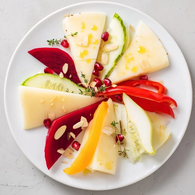 Close-up of The Tessellation Triangle appetizer, a striking mosaic of fresh ingredients cut into triangles.