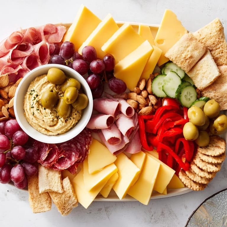 Party-ready Arrowhead Directional Board shows delicious cheeses, meats, and veggies artfully arranged for fun.