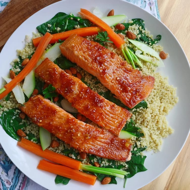 Artfully plated The Infinity Loop Flow, showcasing perfectly cooked salmon and colorful vegetables ready to savor.