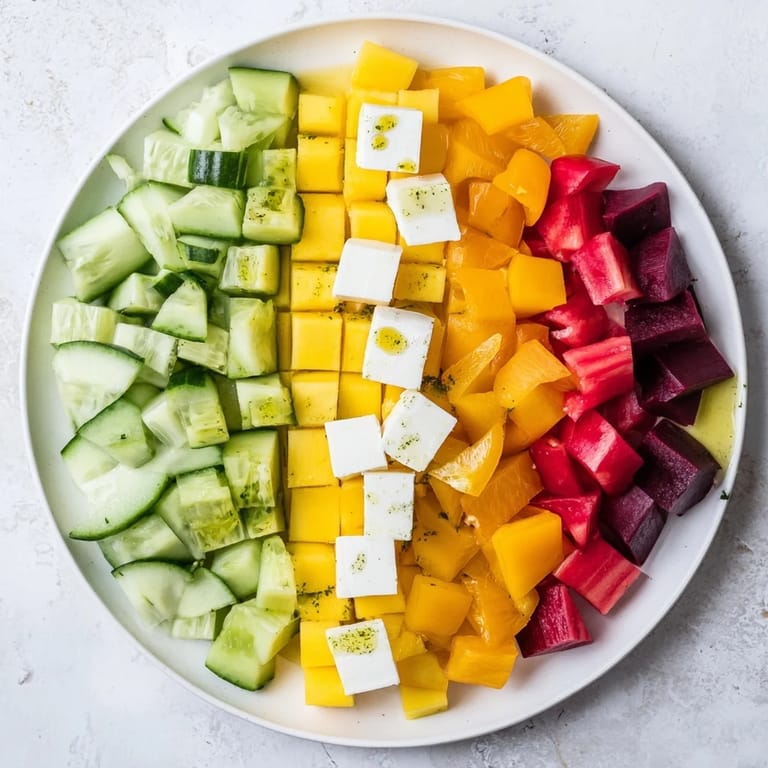 Fresh Cube Geometry Study salad: a visually stunning array of perfectly cubed produce, ready to be enjoyed.