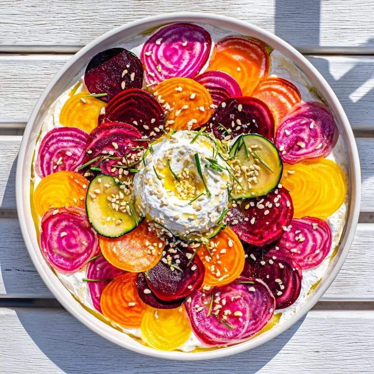 Eye-catching Radial Symmetry Sunburst salad: Vibrant veggies radiate around creamy goat cheese, ready to eat.