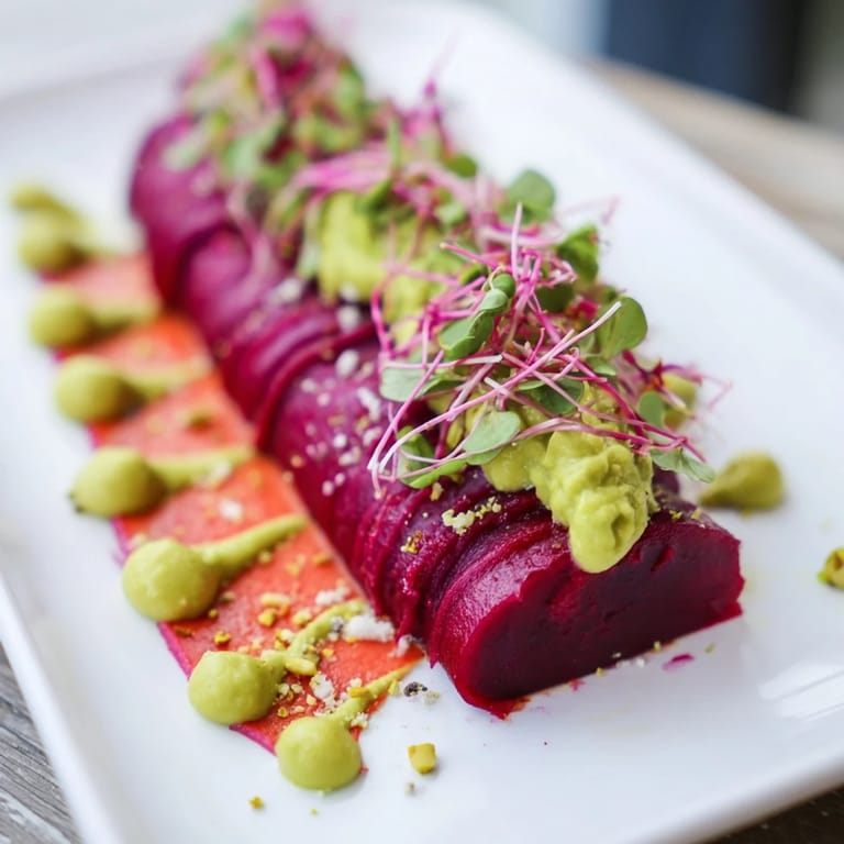 A clean serving board displays The Modernist Stripe, a vivid vegetarian appetizer striped with colorful purées.