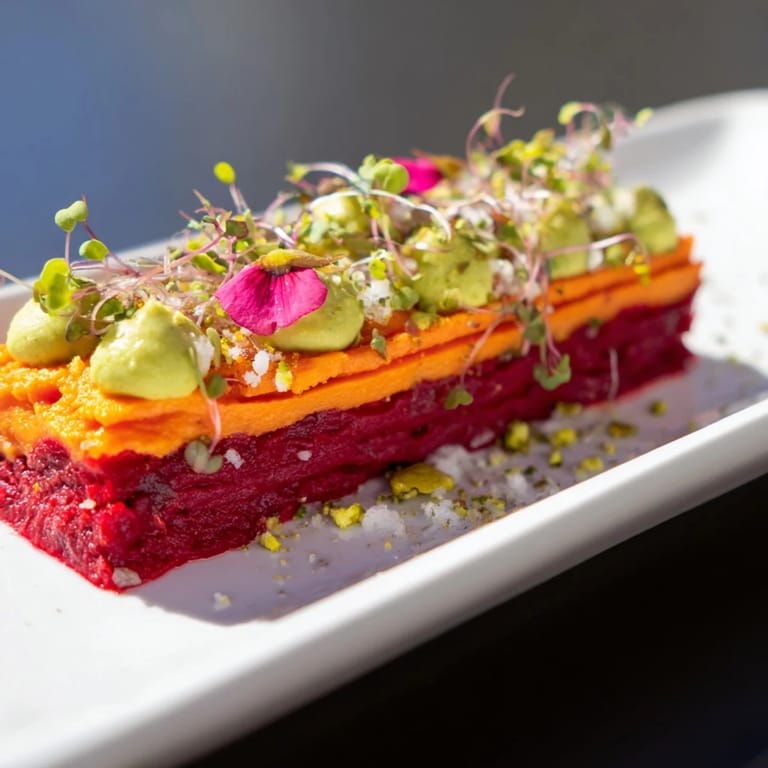 Savory and visually stunning, this Modernist Stripe is layered with purées and topped with fresh garnishes.