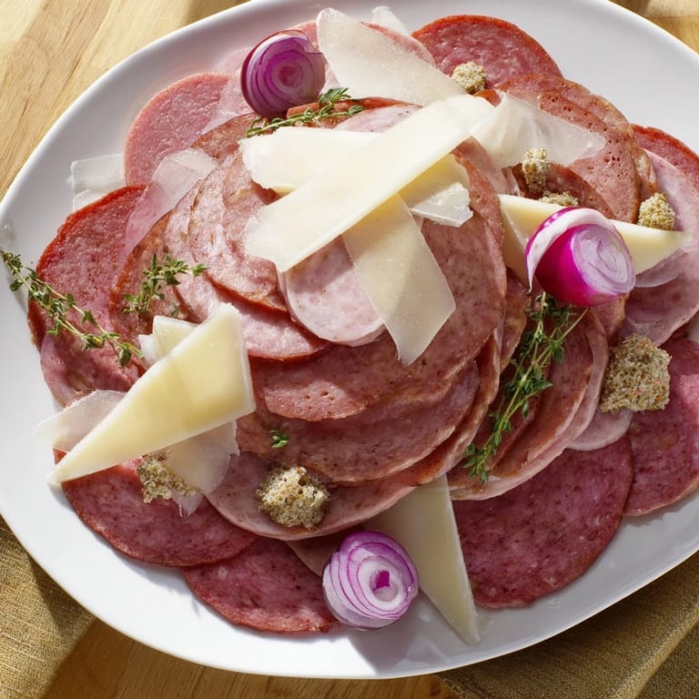 This Burlap & Lace recipe picture shows an inviting platter with savory meats, shaved cheeses, and garnishes.