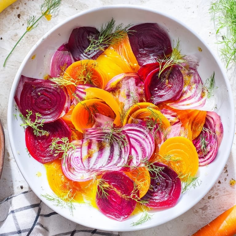 Freshly assembled "Spinning Top" salad featuring colorful shaved carrots and herbs, drizzled with bright dressing.