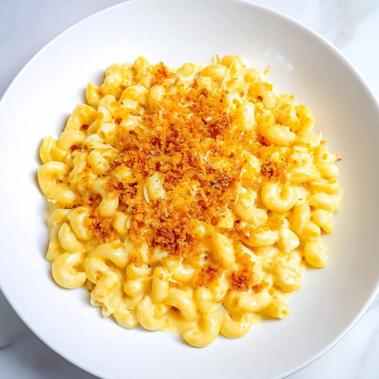 Homemade Tinis Recession Mac, a creamy, delicious macaroni and cheese perfect for a family meal.