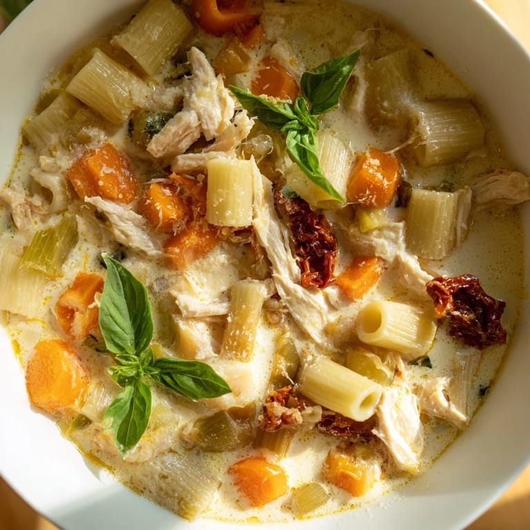 A steaming bowl of comforting Marry Me Chicken Soup: rich broth with pasta, perfect for chilly evenings.