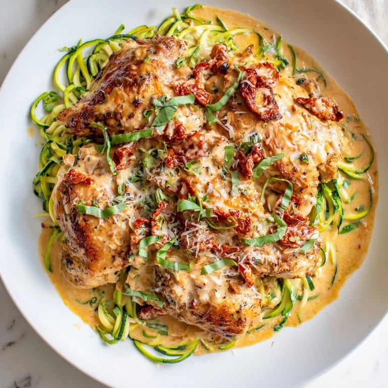A close-up of delicious Marry Me Chicken Zoodles: juicy chicken with creamy sauce, piled high on fresh zucchini noodles.