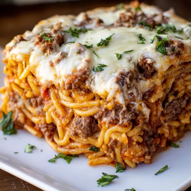 Imagine a hearty portion of Tinis Baked Spaghetti, baked to perfection with a melted cheese topping.