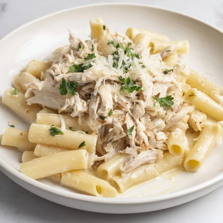 Golden penne pasta coated in creamy sauce, with shredded chicken, makes up Tinis Creamy Chicken Pasta.