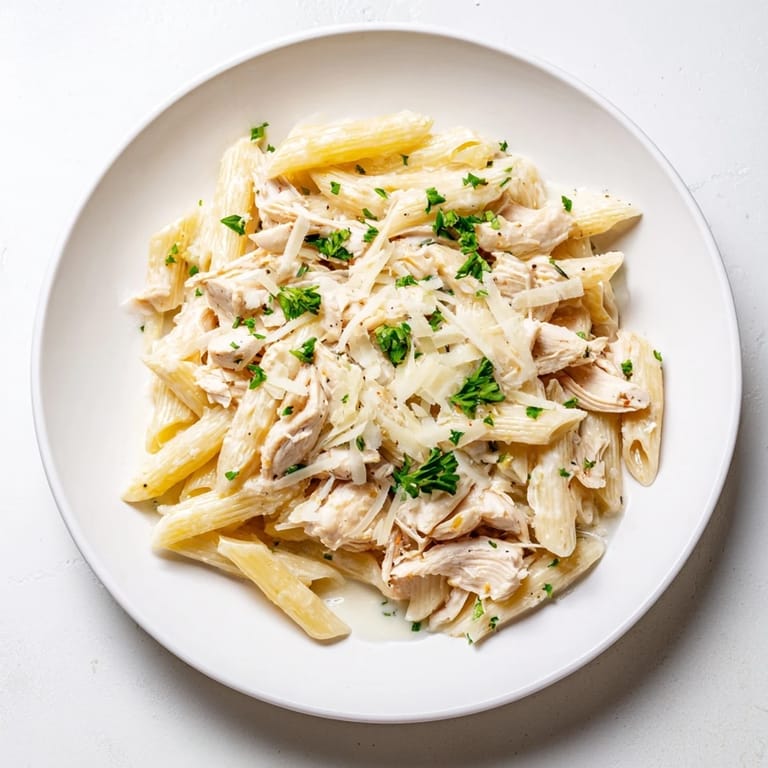 Savory Tinis Creamy Chicken Pasta is topped with fresh parsley, promising a flavorful, satisfying meal.