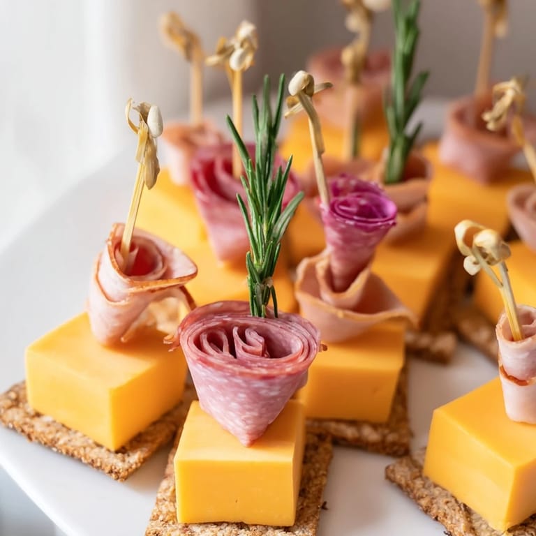 This Layered Urban Skyline appetizer, a beautiful stack of cheeses, meats, crackers, and chives, is ready to serve.