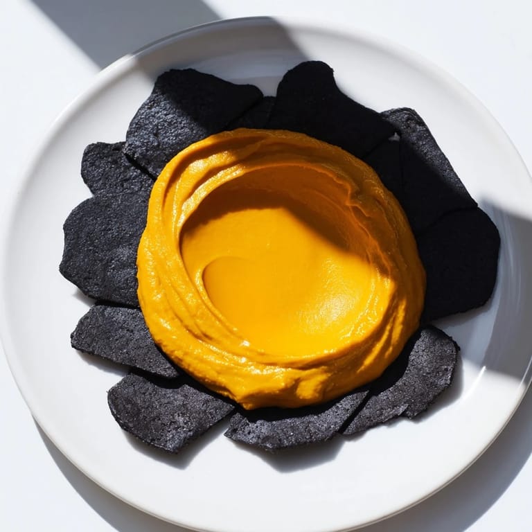 Imagine a Midnight Sun: roasted carrot dip ringed with dark crackers, a beautiful appetizer to share.