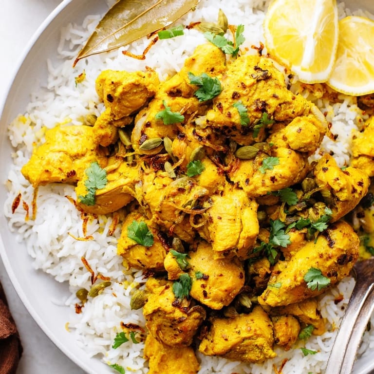 Fluffy basmati rice with chicken and spices in this delicious Easy Chicken Biryani recipe, ready to serve.