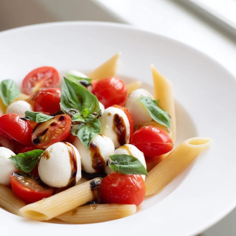 A close-up of Caprese Pasta Salad showcases vibrant red tomatoes and a zesty balsamic dressing, ready to eat.