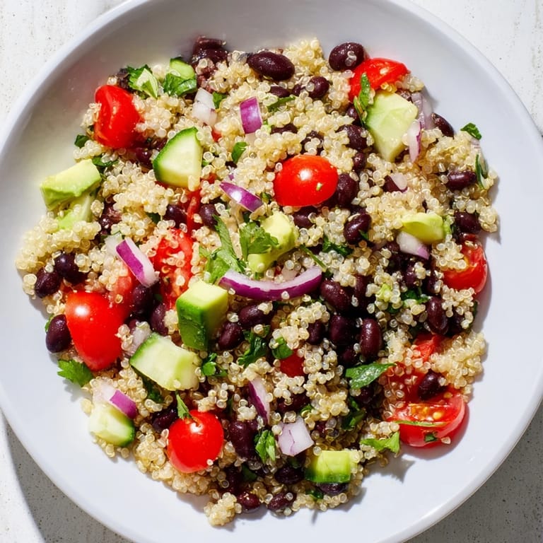 Hearty Quinoa Black Bean Salad with creamy avocado, tossed in a zesty lime dressing.