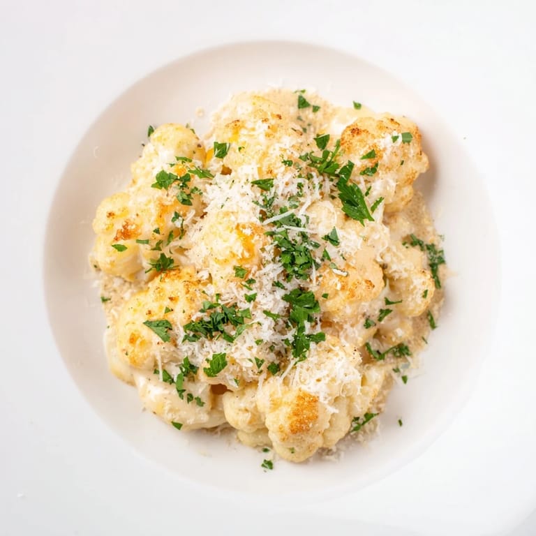 Hot, cheesy, and creamy Cheesy Cauliflower Mac with crispy, browned top, a delicious main dish.