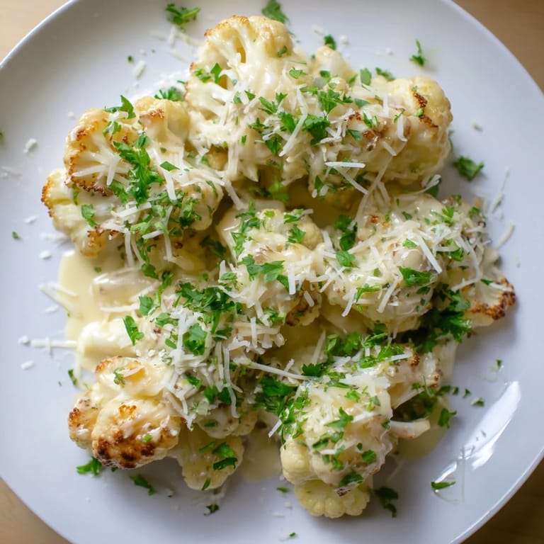This homemade Cheesy Cauliflower Mac dish features roasted cauliflower florets coated in cheese sauce.