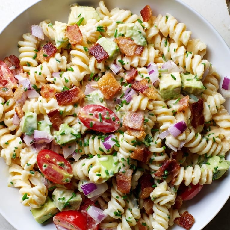 This BLT Pasta Salad features perfectly cooked pasta, crunchy bacon, and a tangy, creamy dressing—delicious!