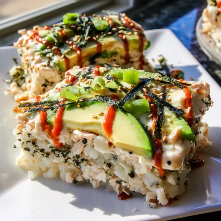 A close-up of a delightful Chicken Sushi Bake, featuring flaky chicken and a nori garnish.