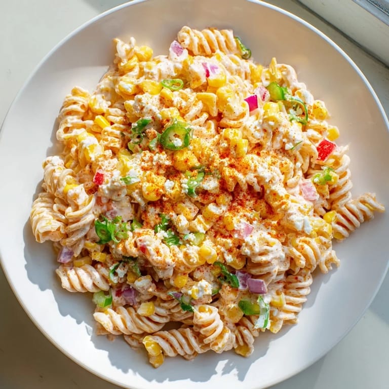 A vibrant bowl of Mexican Street Corn Pasta, ready to serve, is bursting with fresh flavors.