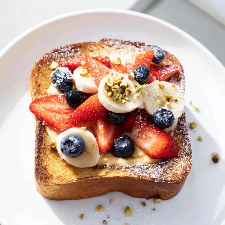 A close-up of baked viral yogurt toast showing a sweet, custardy yogurt center and fruit topping.