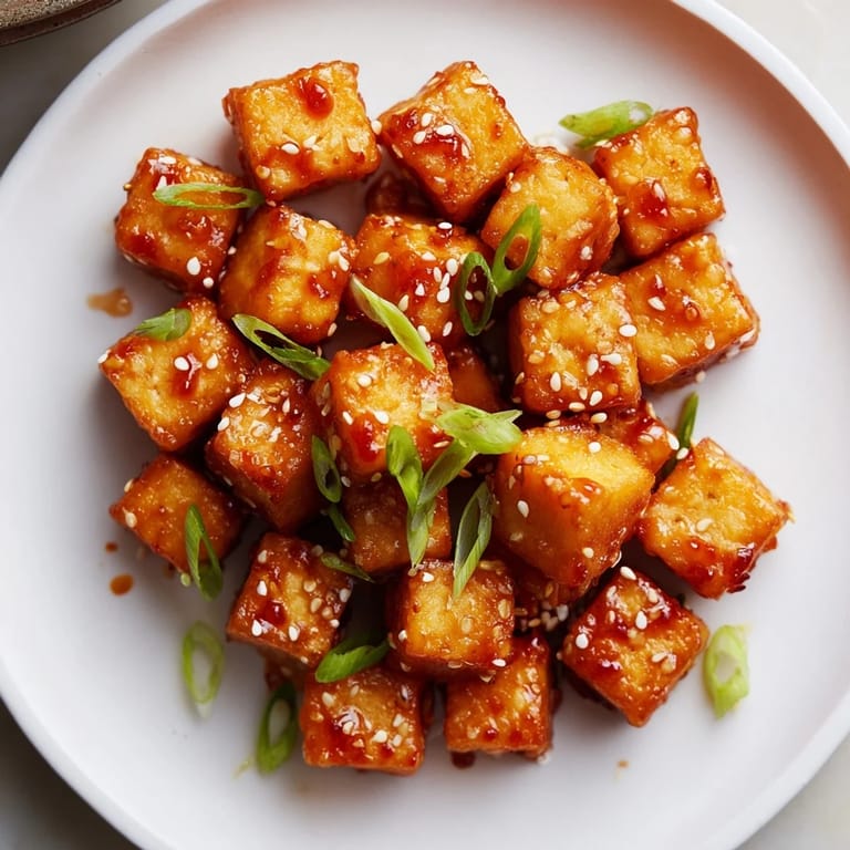 Close-up of vibrant Honey Gochujang Tofu: a vegetarian main course, perfectly glazed and ready to serve.