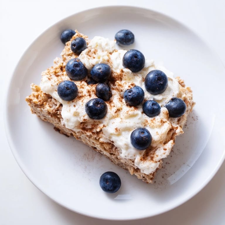 A stack of freshly baked Protein Pancake Oats, drizzled with maple syrup and topped with blueberries.