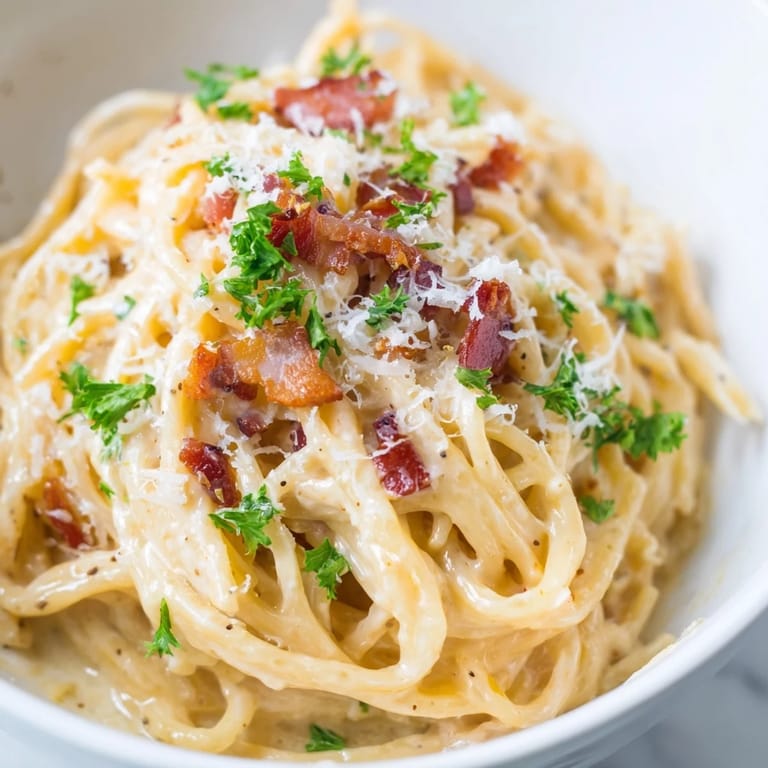 A visually appealing close-up of the delicious Ramen Carbonara Hack, showcasing bacon and fresh parsley garnish.