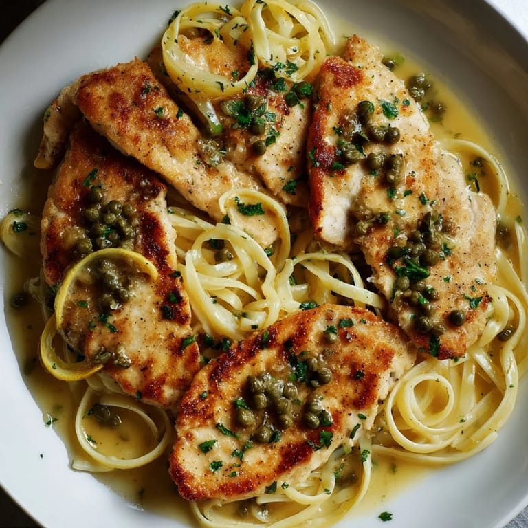 Flavorful Quick Chicken Piccata Pasta dish, a savory pasta meal with fresh parsley garnish.