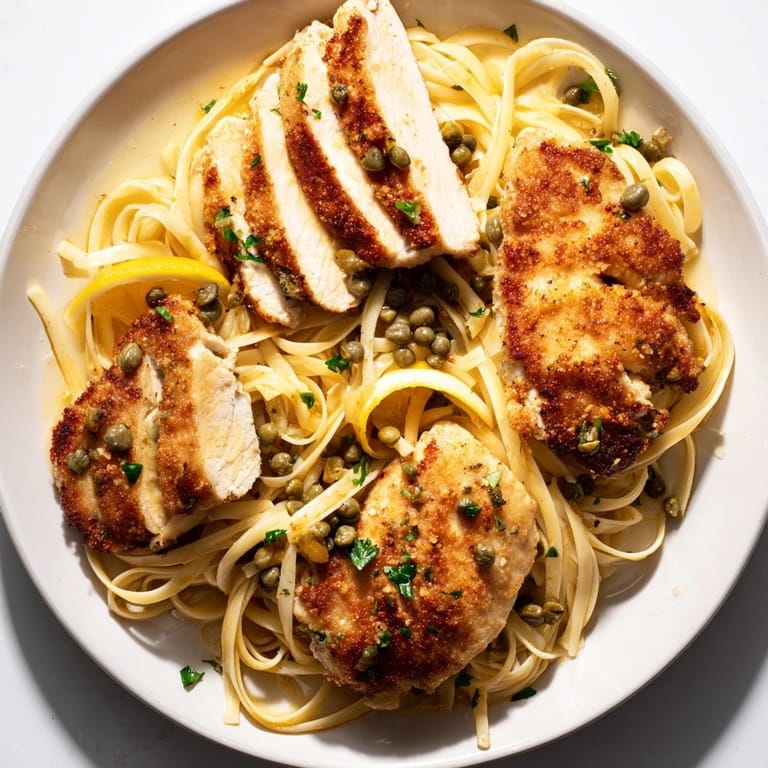 Sizzling skillet of Quick Chicken Piccata Pasta; tender chicken, tangy sauce, pasta, and lemon slices.