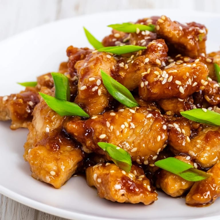 Tender pieces of Sweet and Spicy Sriracha Honey Chicken with a sticky, zesty honey-sriracha coating, garnished with fresh green onion.
