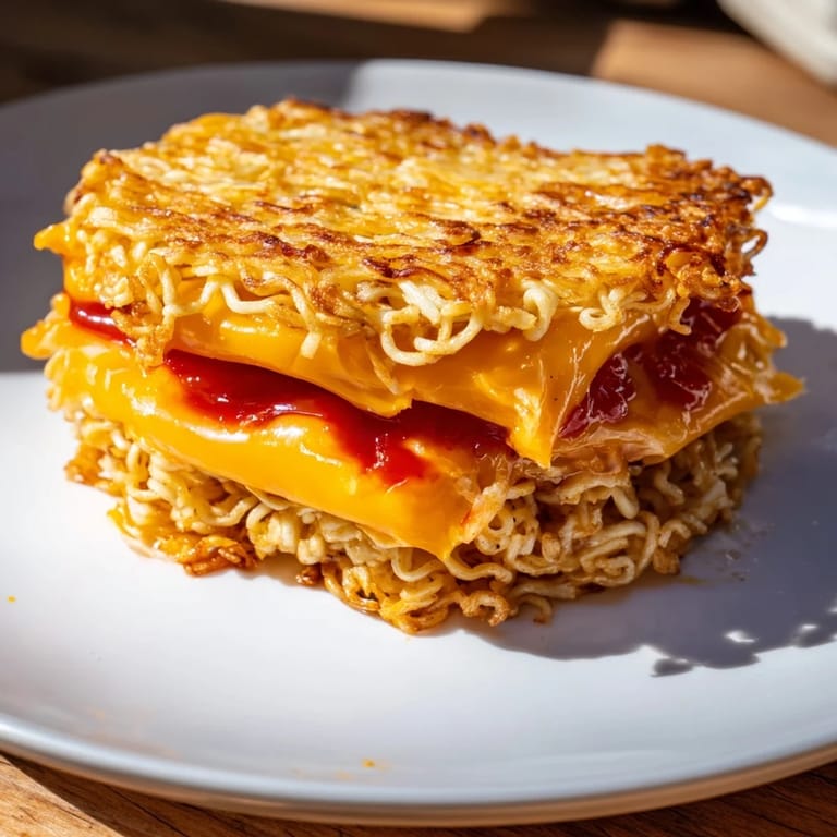 Crispy ramen noodles form the buns of this cheesy Instant Ramen Grilled Cheese sandwich.