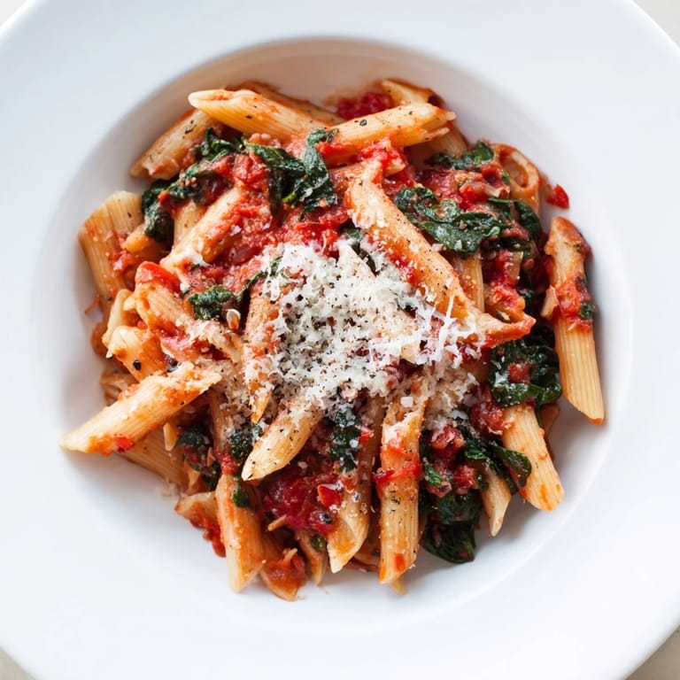 Steaming Quick Marinara Pasta with Spinach served with fresh basil and Parmesan cheese, a delightful weeknight recipe.