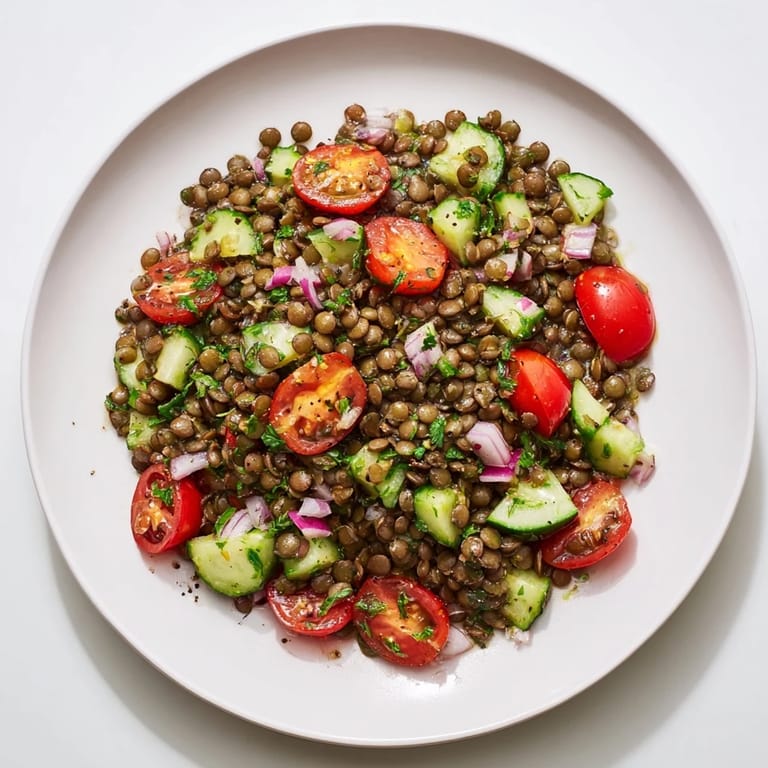 A close-up of a delightful lentil salad, drizzled with vinaigrette, offering a fresh, light lunch.