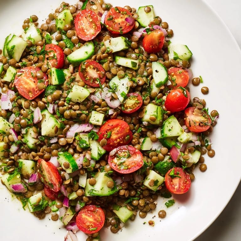 Homemade lentil salad with bright vegetables, an easy vegetarian dish with a delicious bite.