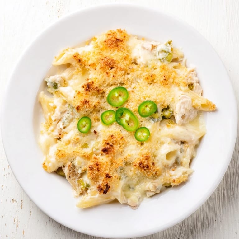 A close-up shot of baked Jalapeño Popper Chicken Pasta shows cheesy, spicy goodness, ready to be served.