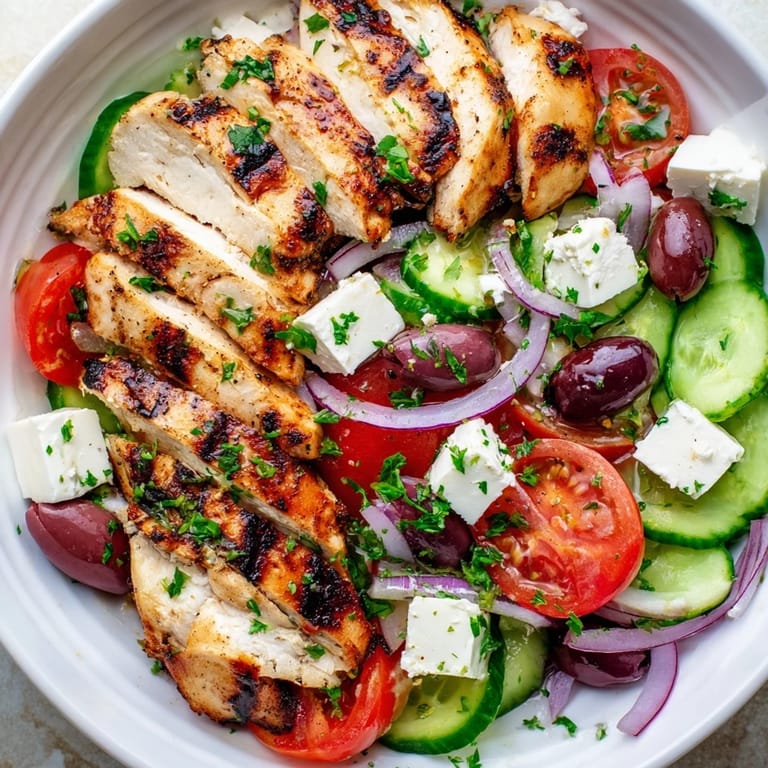 Freshly grilled chicken atop a vibrant Greek salad, a healthy and delicious Mediterranean meal.