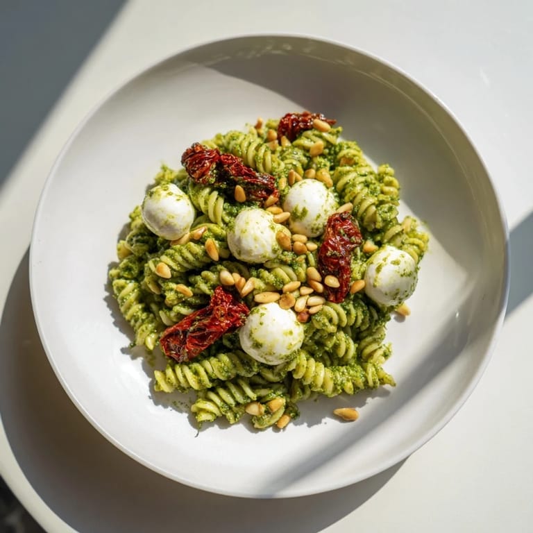 A summery bowl of pesto pasta salad, overflowing with fresh ingredients and delightful flavors.