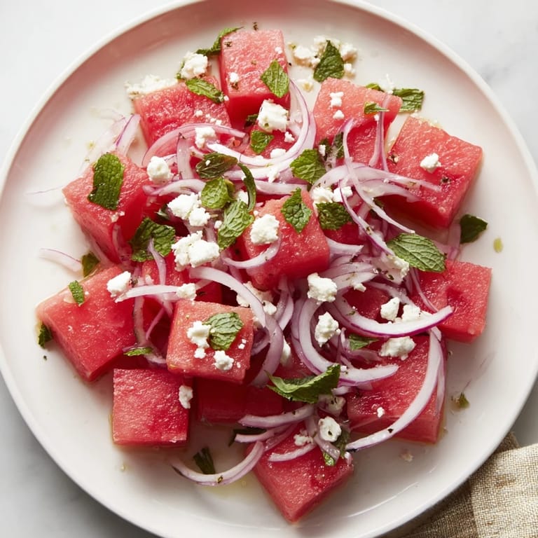 A close-up shot of refreshing Watermelon Feta Salad, perfect for a summer gathering.