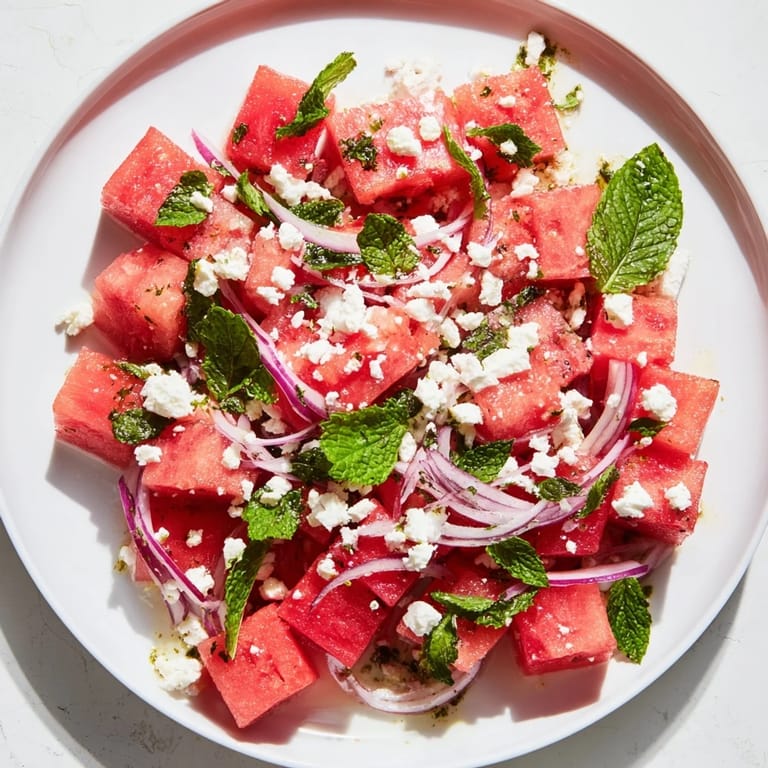 Bright and colorful Watermelon Feta Salad, tossed with a zesty lime dressing, ready to enjoy.