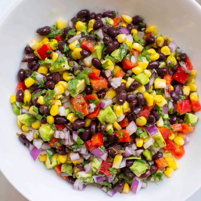 A refreshing bowl of Southwest Black Bean Salad, full of crunchy vegetables and creamy avocado.