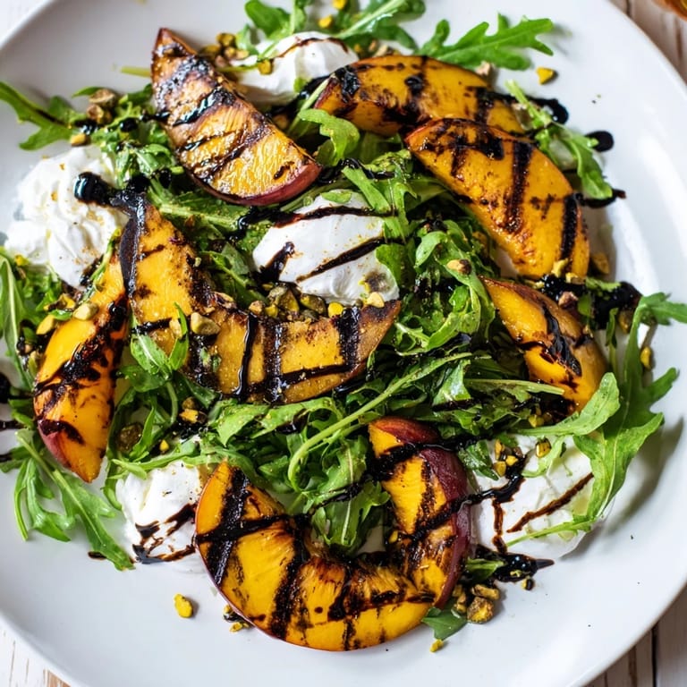 A colorful grilled peach salad, showing fresh arugula, burrata, and balsamic glaze drizzled over.